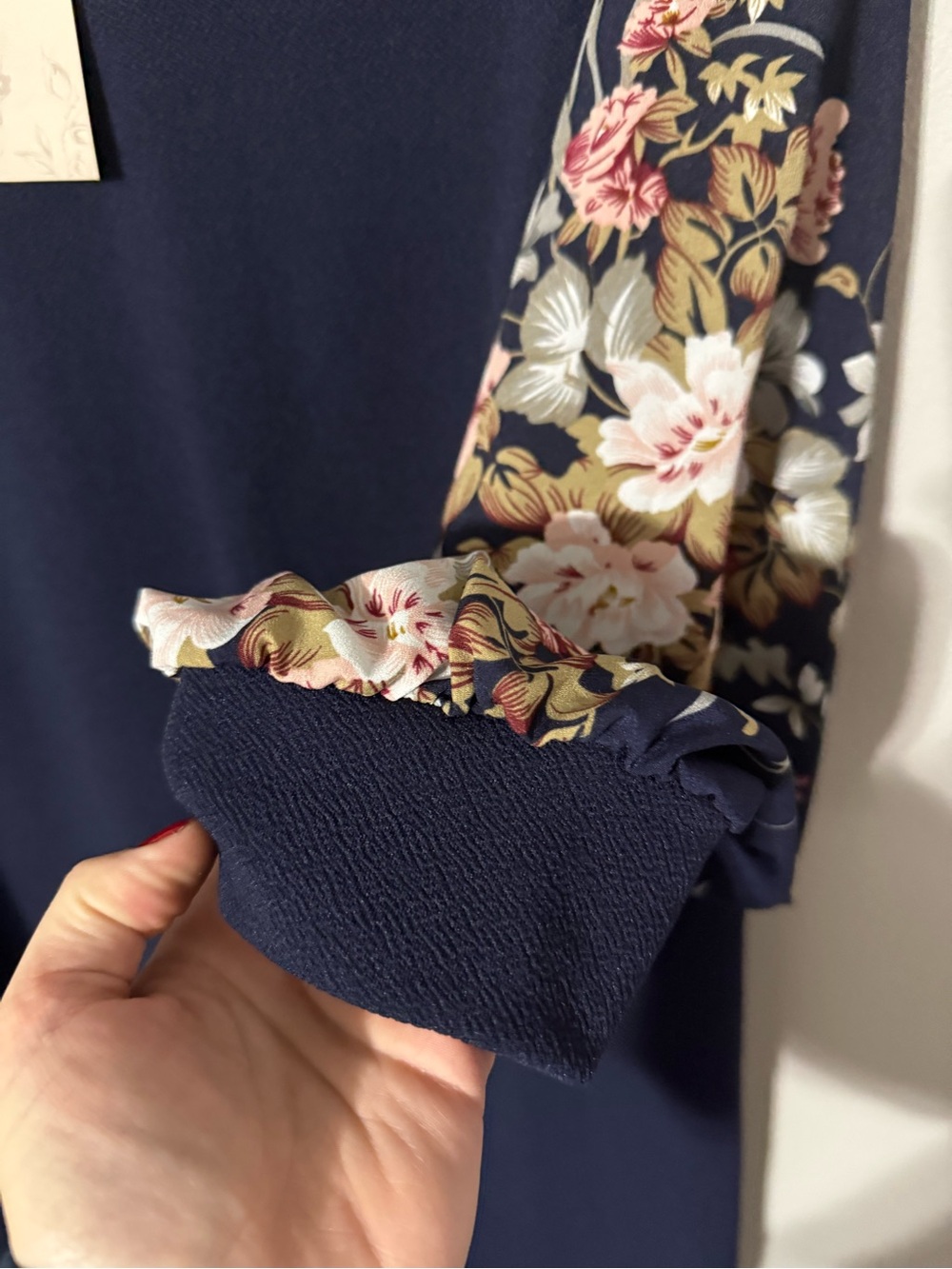 Navy Floral-Sleeve Midi Dress - Women's Elegant Casual - Picture 5 of 10